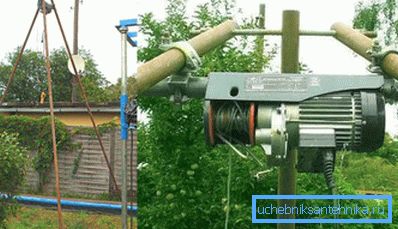 Elektrisk vinsch för borrning av brunnar på en stativ.