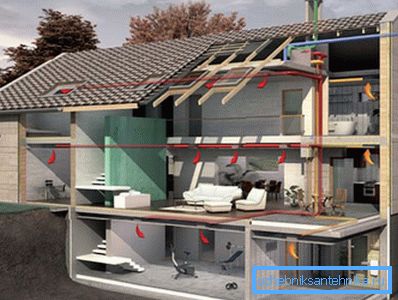 Bilden visar installationen av ventilationskanaler i ett privat hus.