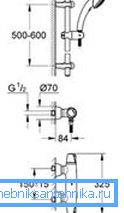 Diagram över en standardblandare med termostat med angivande av storlekar