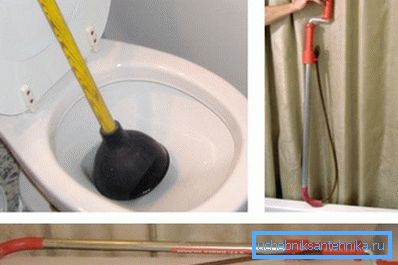 Plunger och VVS-kabel för rengöring av toaletten.